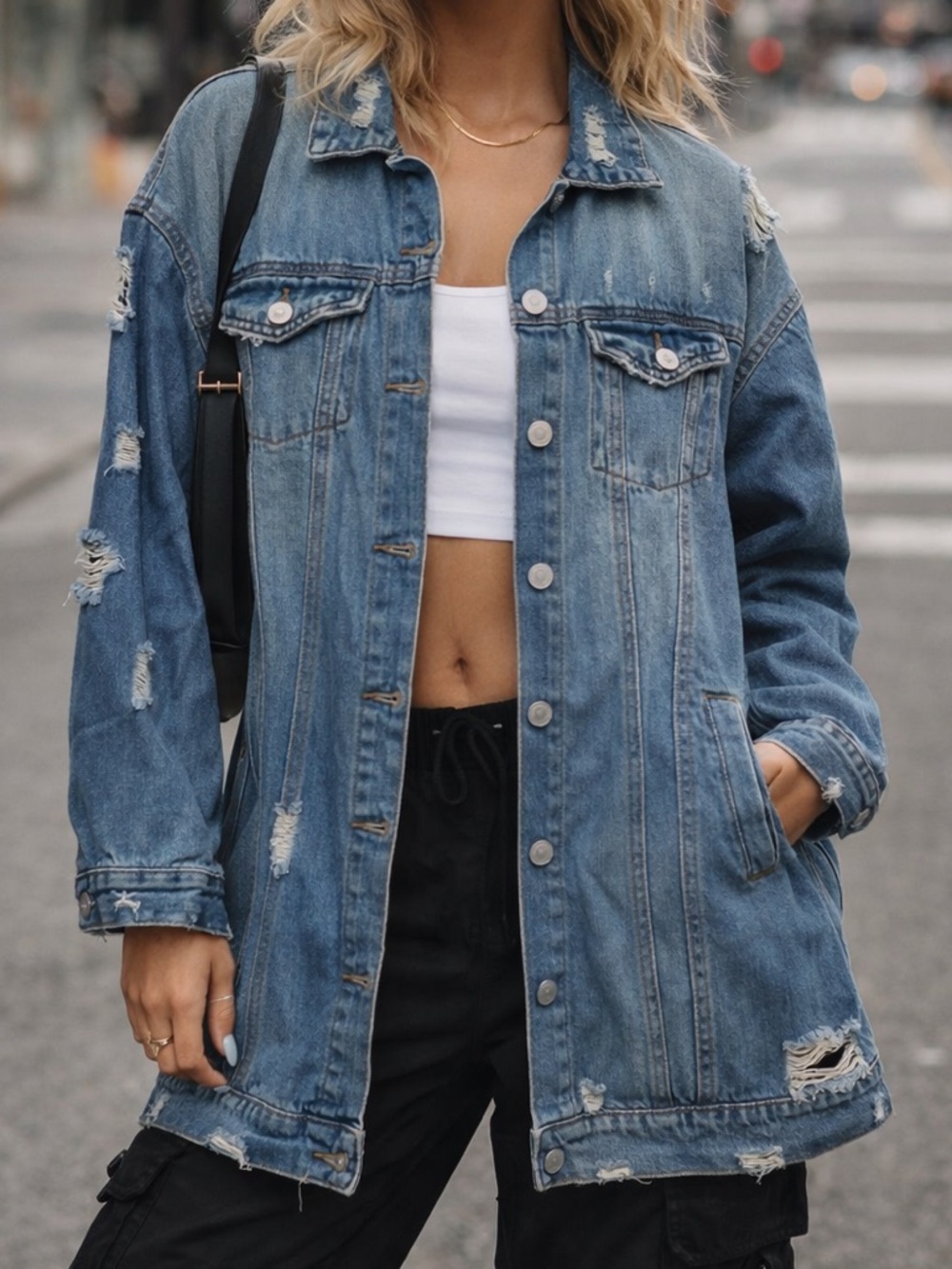 CHOCOLATE Distressed Longline Denim Jacket Grunge Streetwear Oversized
